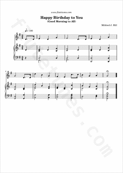 Happy Birthday to You (M.J. Hill) - Free Flute Sheet Music | flutetunes.com