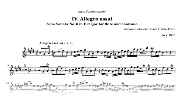 Allegro Assai From Sonata No 6 In E Major For Flute And Continuo J S Bach Free Flute Sheet Music Flutetunes Com