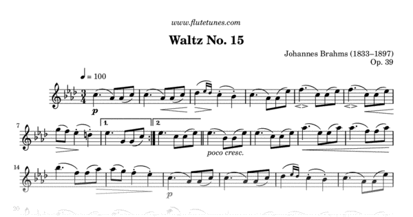 Waltz No. 15 (J. Brahms) - Free Flute Sheet Music | flutetunes.com