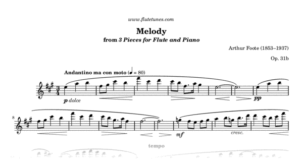 Melody from 3 Pieces for Flute and Piano (A. Foote) - Free Flute 