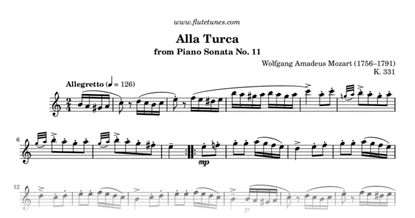 piano turkish sonata mozart rondo sheet flute flutetunes