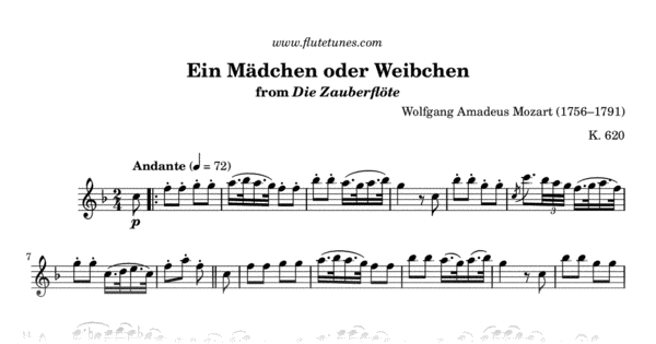 Papageno S Aria From The Magic Flute W A Mozart Free Flute Sheet Music Flutetunes Com