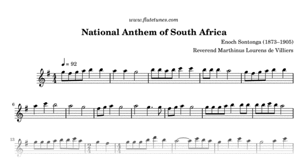National Anthem Of South Africa E Sontonga Free Flute Sheet Music 