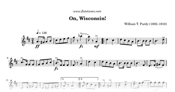 On, Wisconsin! (W.T. Purdy) - Free Flute Sheet Music | flutetunes.com