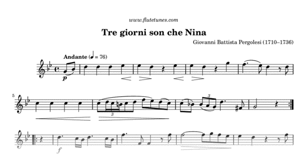 Tre Giorni Son Che Nina G B Pergolesi Free Flute Sheet Music Flutetunes Com flute tunes