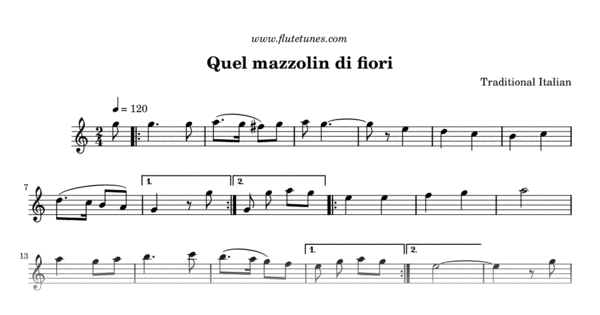 Quel Mazzo Di Fiori.Quel Mazzolin Di Fiori Trad Italian Free Flute Sheet Music