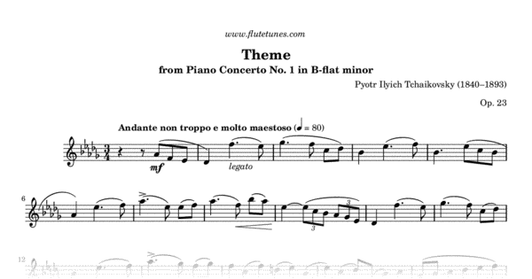 Theme From Piano Concerto No 1 P I Tchaikovsky Free Flute Sheet Music Flutetunes Com