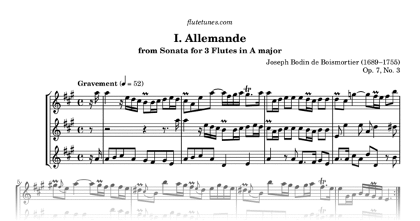 Allemande from Sonata for 3 Flutes in A major, Op. 7, No. 3 (J.B. de ...