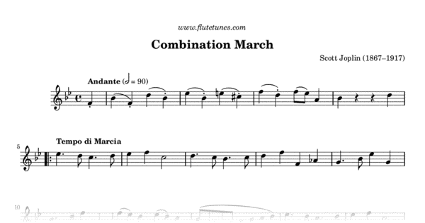 Sheet music for Combination March by Scott Joplin, arranged for Flute solo....