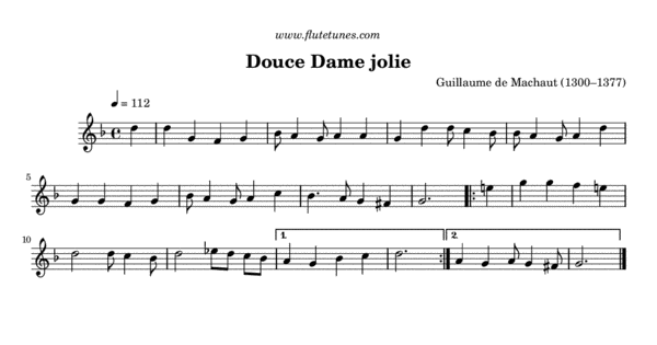Sheet music for Douce Dame jolie by Guillaume de Machaut, arranged for Flut...