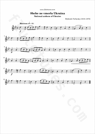 Shche ne vmerla Ukraina (M. Verbytsky) - Free Flute Sheet Music