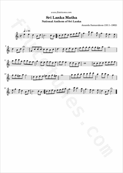 Sri Lanka Matha (A. Samarakoon) - Free Flute Sheet Music | flutetunes.com